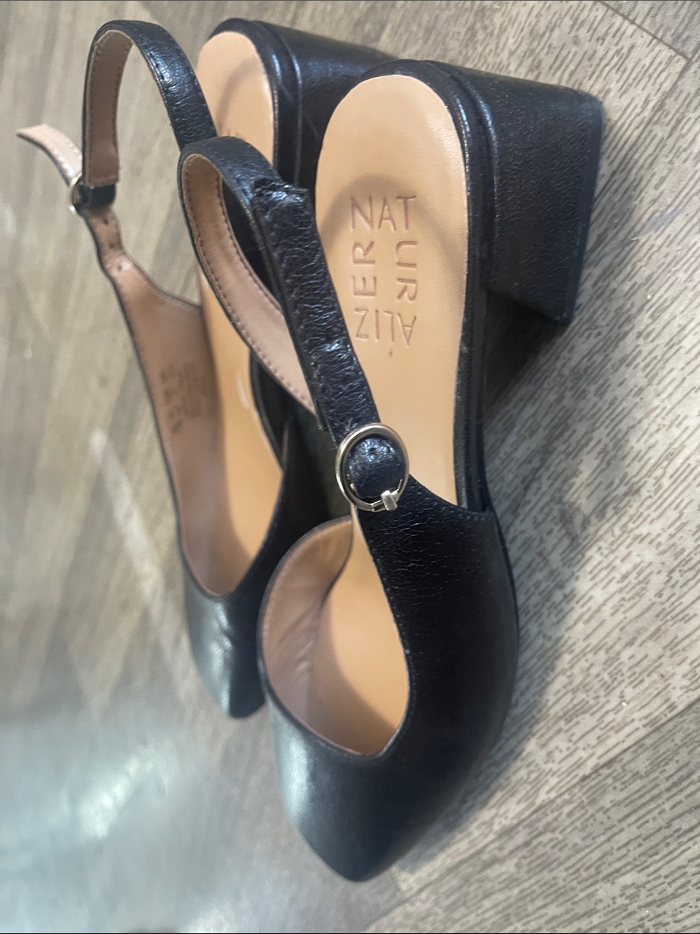 Naturalizer Black Leather Slingback Block Heel Pumps with Gold Buckle